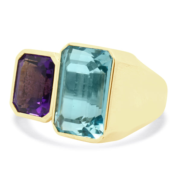 14 Karat Yellow Gold Bezel Set Blue Topaz and Amethyst Ring