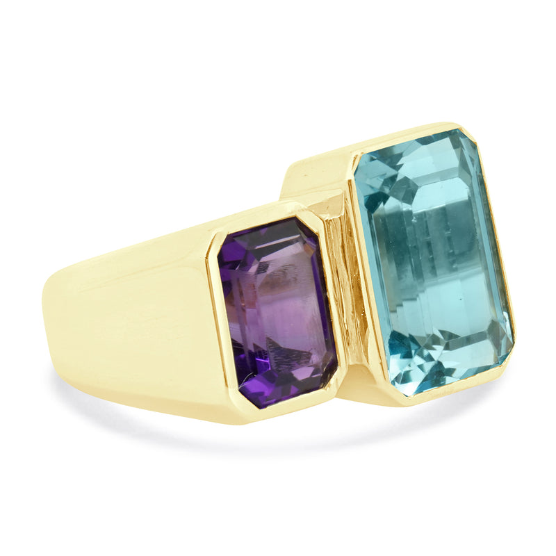 14 Karat Yellow Gold Bezel Set Blue Topaz and Amethyst Ring
