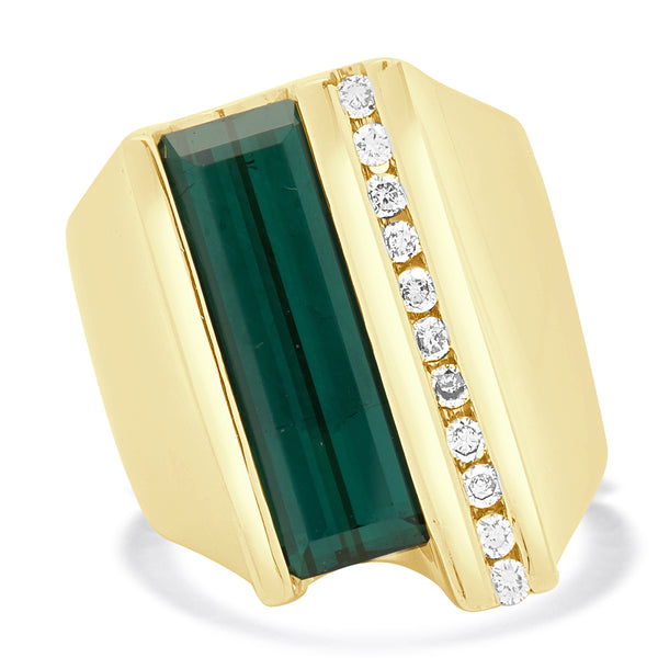 14 Karat Yellow Gold Green Tourmaline and Diamond Sculpture Ring