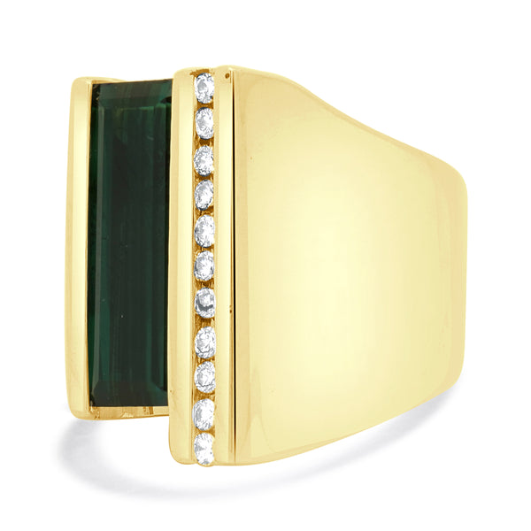 14 Karat Yellow Gold Green Tourmaline and Diamond Sculpture Ring