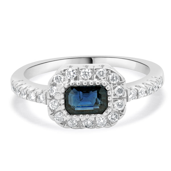 14 Karat White Gold Emerald Cut Sapphire and Diamond Ring