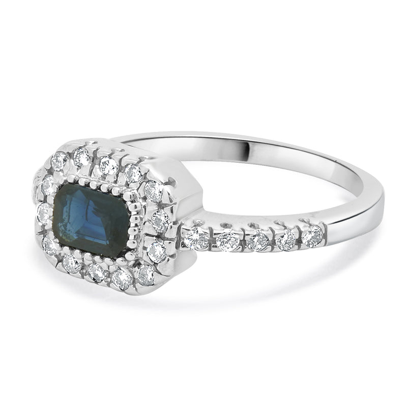 14 Karat White Gold Emerald Cut Sapphire and Diamond Ring