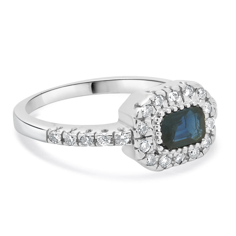 14 Karat White Gold Emerald Cut Sapphire and Diamond Ring