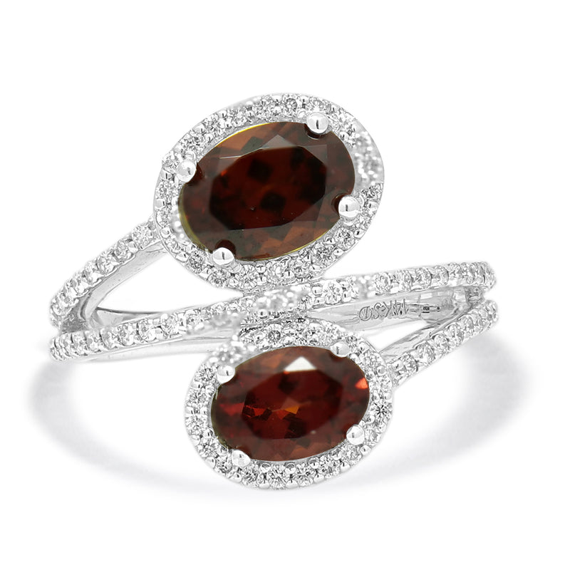 14 Karat White Gold Red Zircon and Diamond Bypass Ring