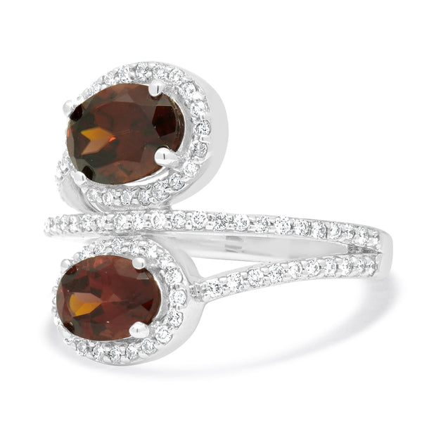14 Karat White Gold Red Zircon and Diamond Bypass Ring