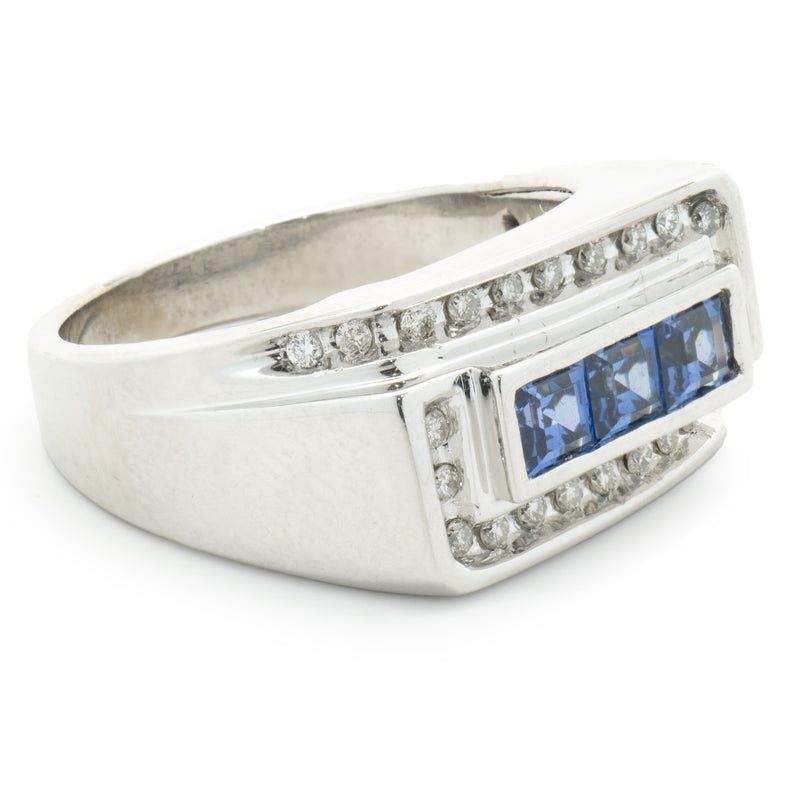10 Karat White Gold Gents Sapphire and Diamond Signet Style Ring