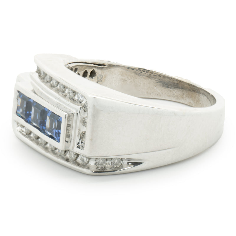10 Karat White Gold Gents Sapphire and Diamond Signet Style Ring