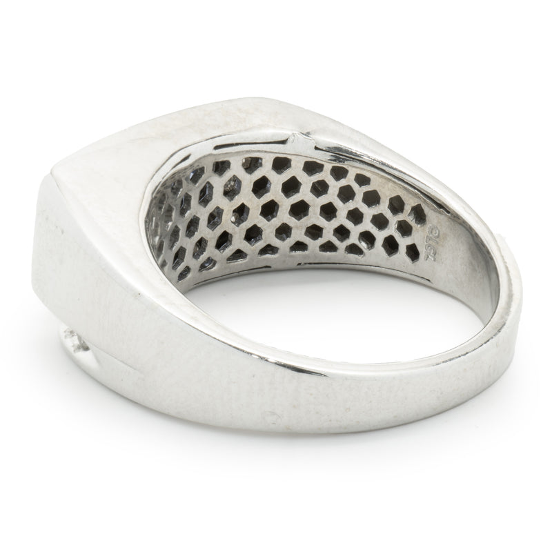 10 Karat White Gold Gents Sapphire and Diamond Signet Style Ring