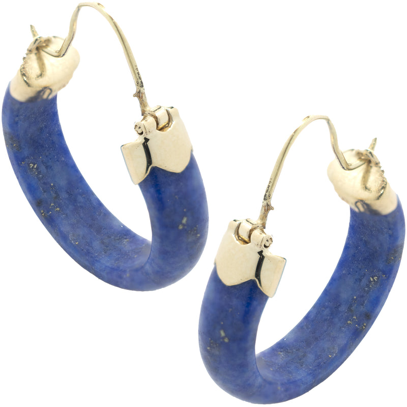 14 Karat Yellow Gold Lapis Hoop Earrings