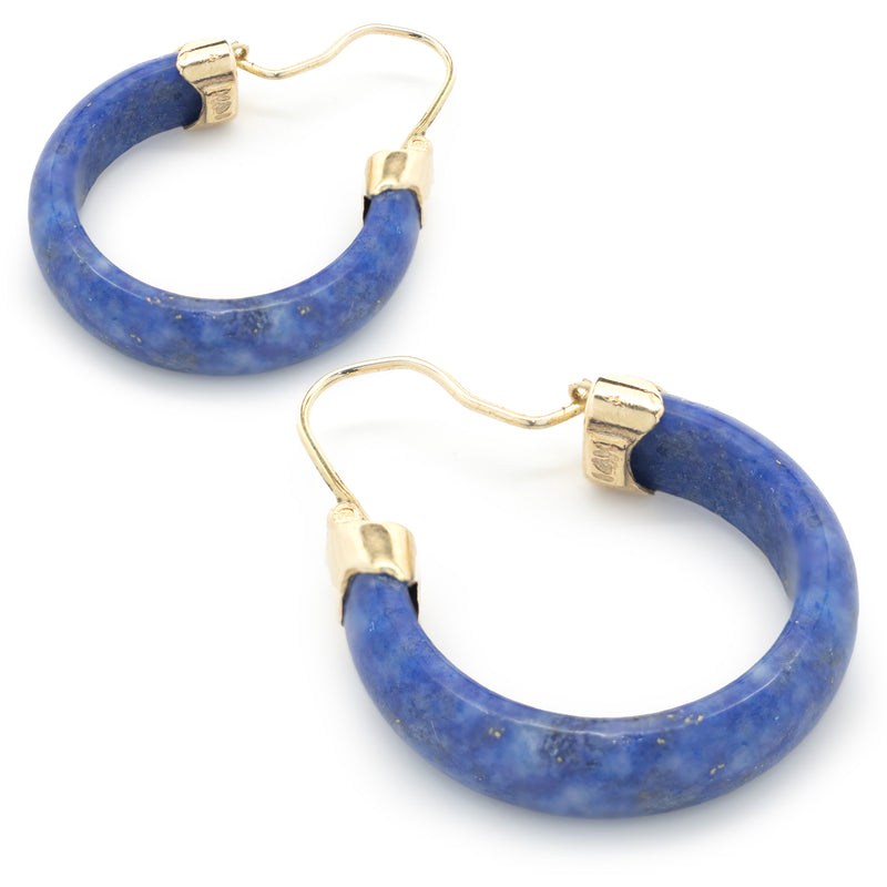 14 Karat Yellow Gold Lapis Hoop Earrings