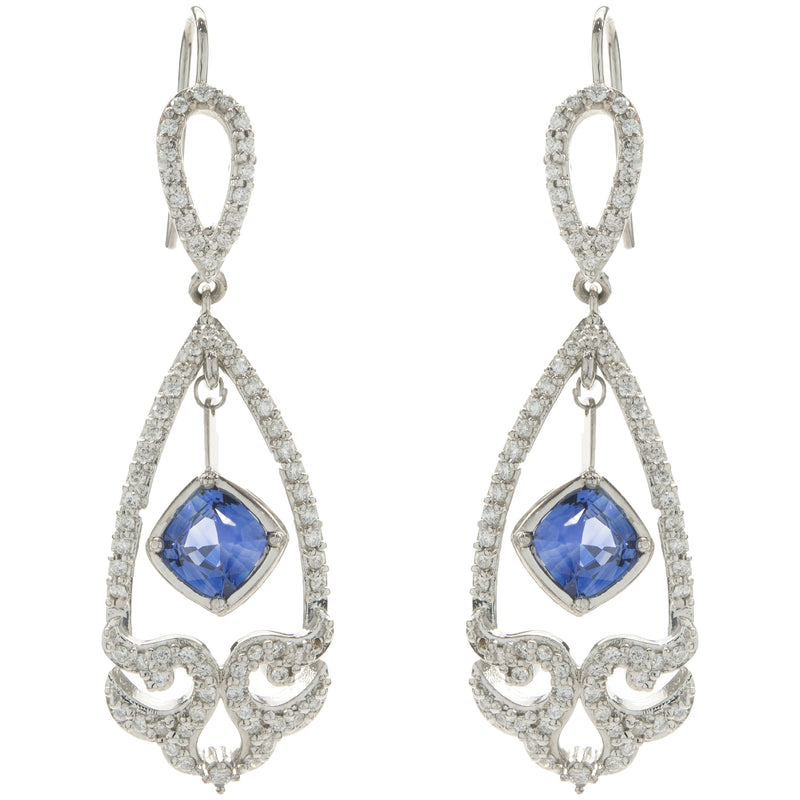 14 Karat White Gold NO HEAT Sapphire and Diamond Drop Earrings