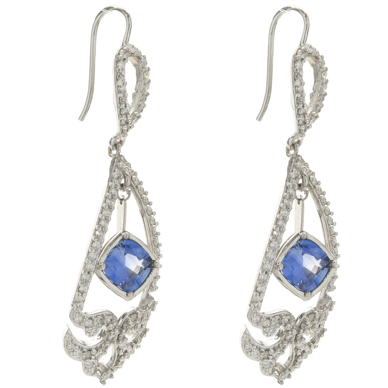 14 Karat White Gold NO HEAT Sapphire and Diamond Drop Earrings