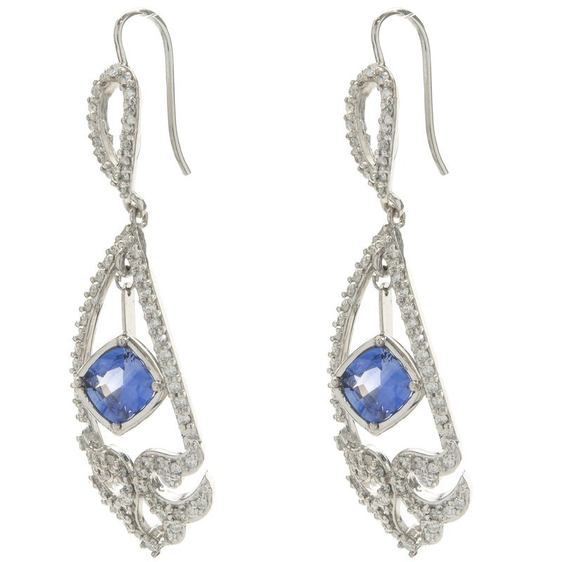 14 Karat White Gold NO HEAT Sapphire and Diamond Drop Earrings