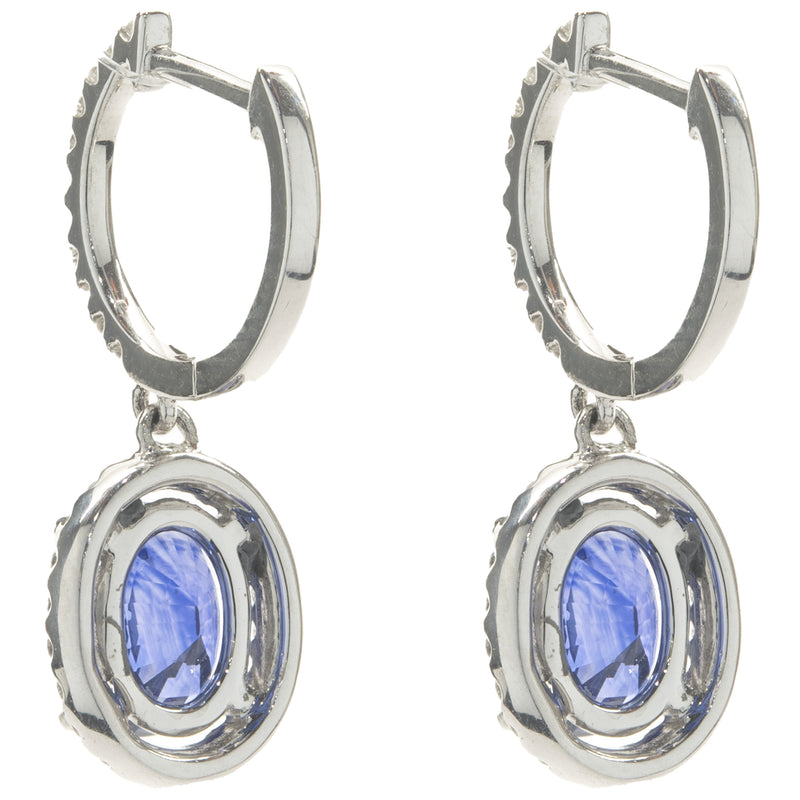 18 Karat White Gold Oval Sapphire and Diamond Halo Drop Earrings
