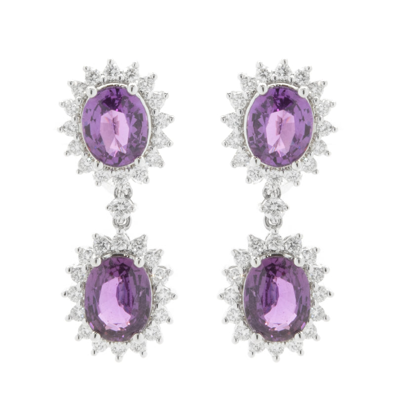 18 Karat White Gold No Heat Purple Sapphire and Diamond Halo Drop Earrings