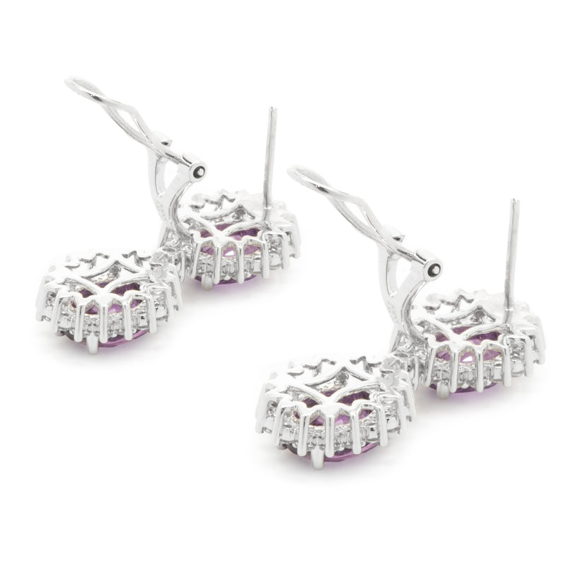 18 Karat White Gold No Heat Purple Sapphire and Diamond Halo Drop Earrings