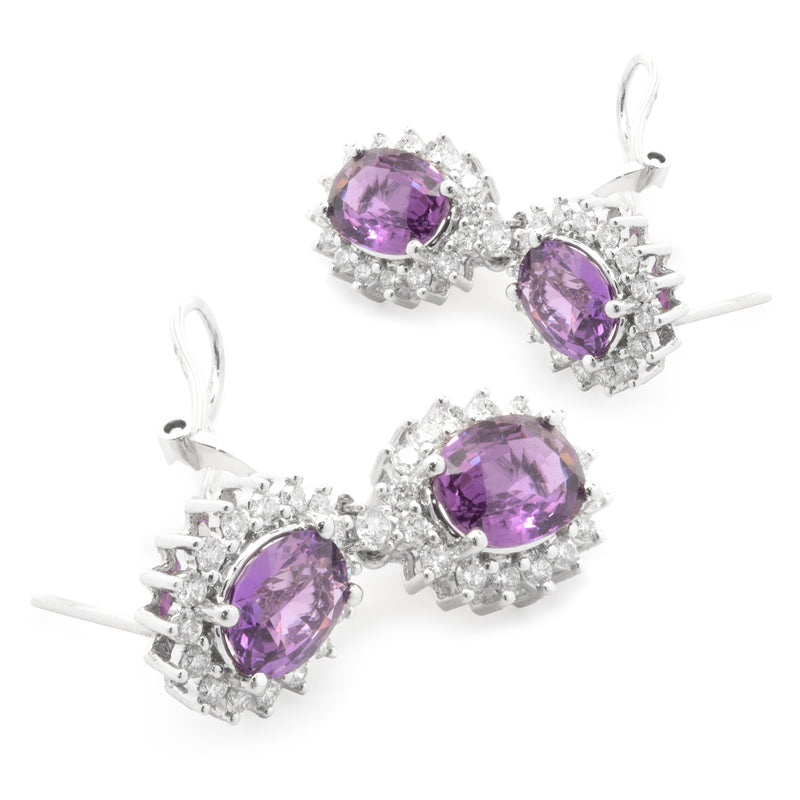 18 Karat White Gold No Heat Purple Sapphire and Diamond Halo Drop Earrings