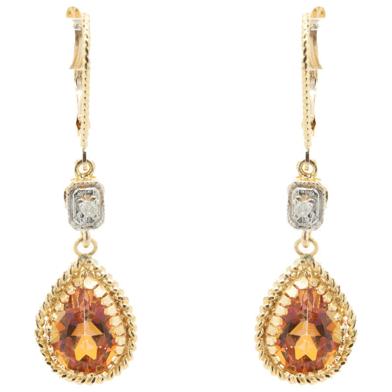 14 Karat Yellow Gold Pink Mystic Topaz and Diamond Drop Earrings