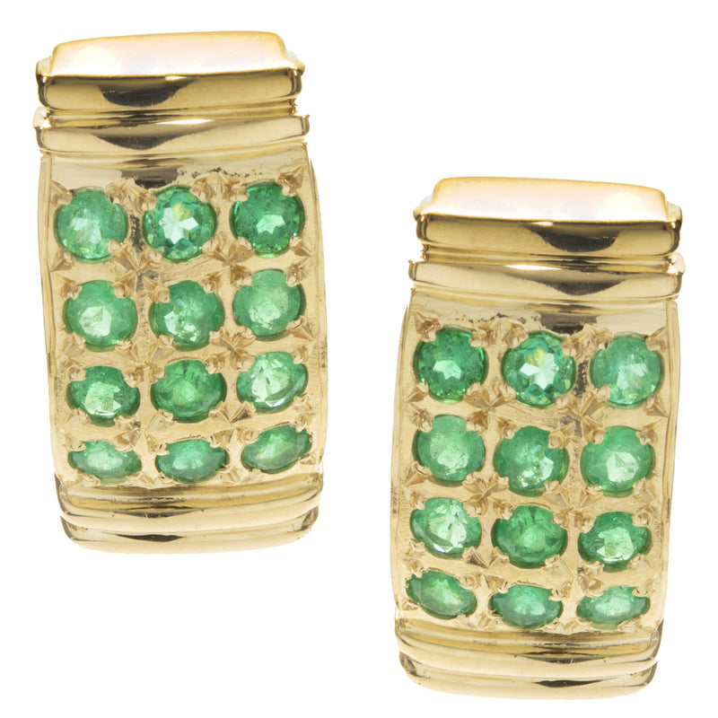 18 Karat Yellow Gold Three Row Emerald Earrings