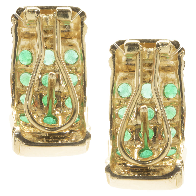 18 Karat Yellow Gold Three Row Emerald Earrings