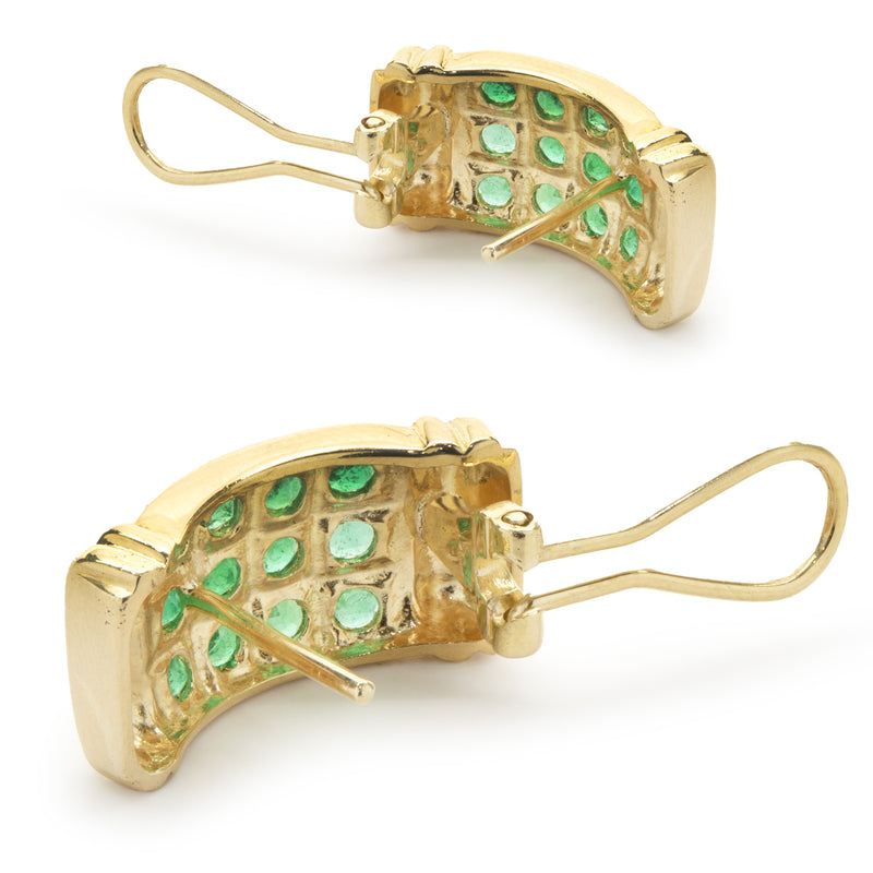 18 Karat Yellow Gold Three Row Emerald Earrings