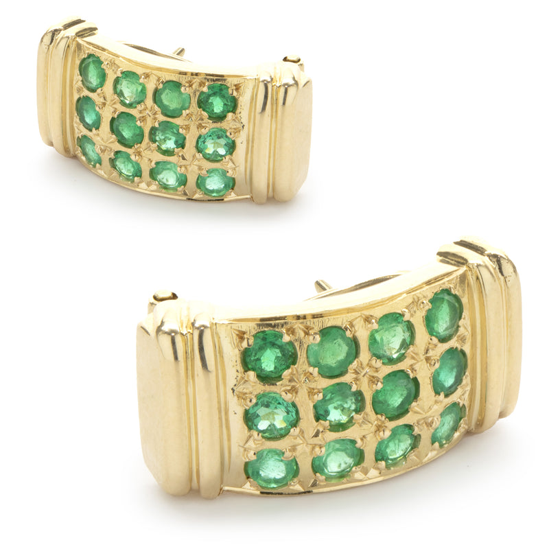 18 Karat Yellow Gold Three Row Emerald Earrings