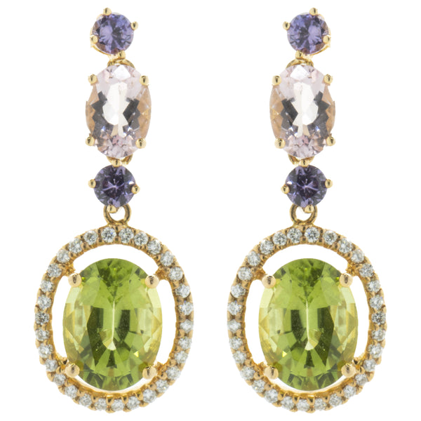 18 Karat Rose Gold Peridot, Morganite, Purple Sapphire, and Diamond Oval Drop Earrings