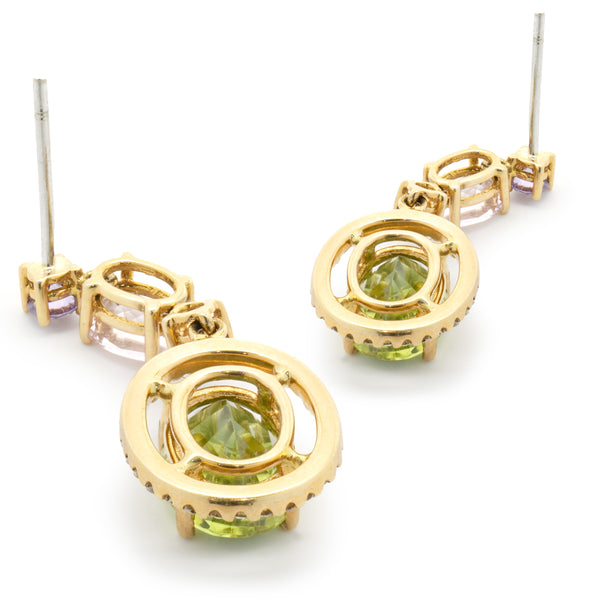 18 Karat Rose Gold Peridot, Morganite, Purple Sapphire, and Diamond Oval Drop Earrings