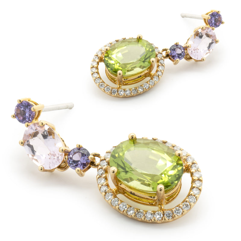 18 Karat Rose Gold Peridot, Morganite, Purple Sapphire, and Diamond Oval Drop Earrings