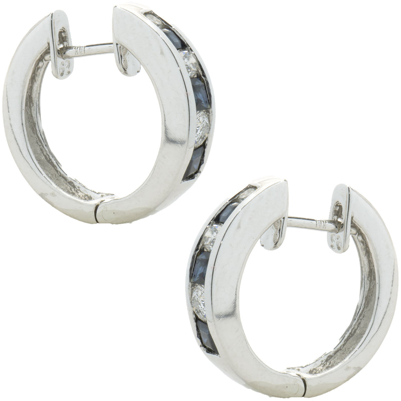 14 Karat White Gold Sapphire and Diamond Huggie Hoop Earrings