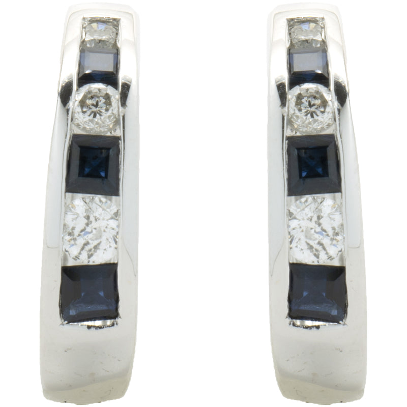 14 Karat White Gold Sapphire and Diamond Huggie Hoop Earrings