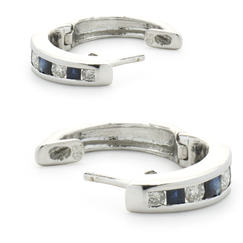 14 Karat White Gold Sapphire and Diamond Huggie Hoop Earrings