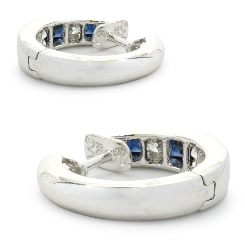 14 Karat White Gold Sapphire and Diamond Huggie Hoop Earrings