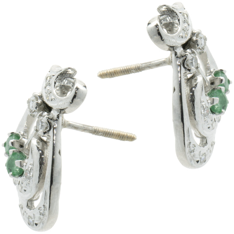 14 Karat White Gold Vintage Diamond and Emerald Bow Earrings