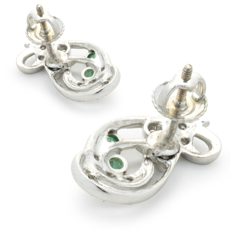 14 Karat White Gold Vintage Diamond and Emerald Bow Earrings
