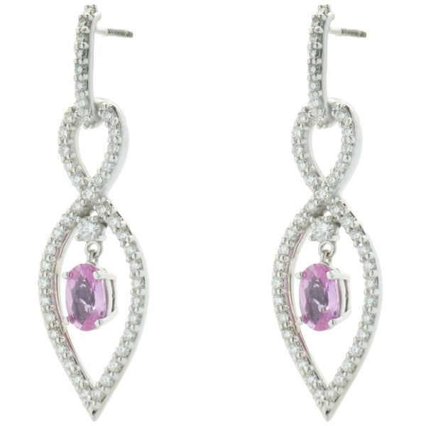 14 Karat White Gold Diamond and Floating Pink Sapphire Earrings