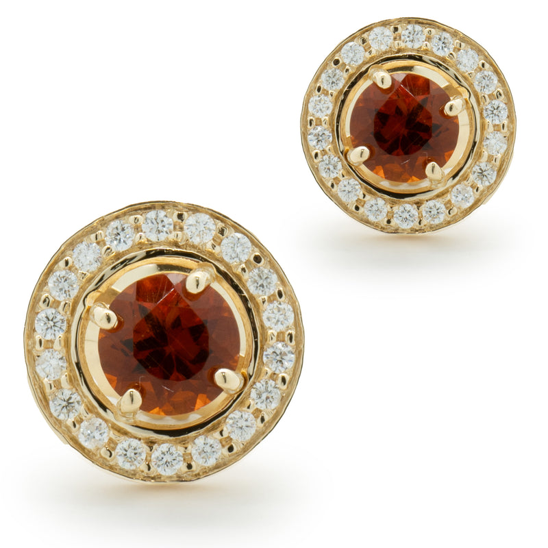 18 Karat Yellow Gold Garnet and Diamond Halo Stud Earrings