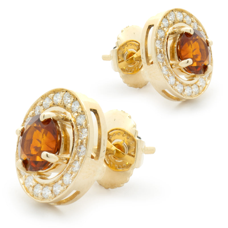 18 Karat Yellow Gold Garnet and Diamond Halo Stud Earrings