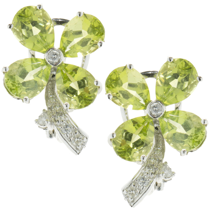 18 Karat White Gold Peridot and Diamond Clover Earrings