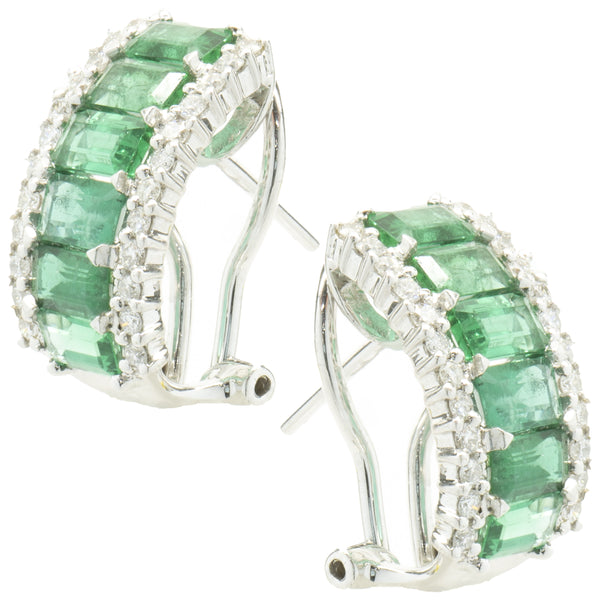 18 Karat White Gold Emerald and Diamond Three Row Hoop Earrings