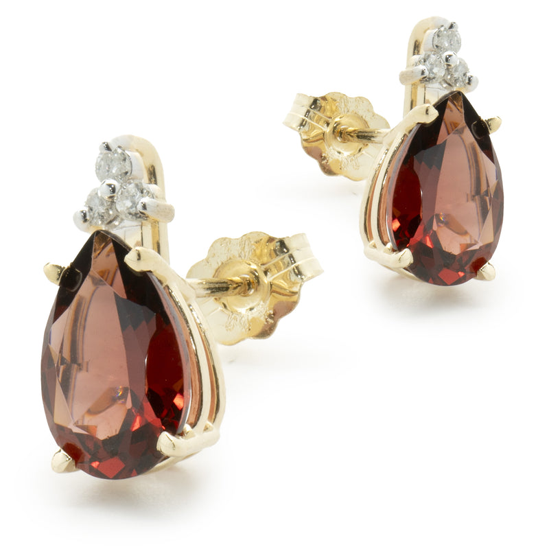 14 Karat Yellow Gold Garnet and Diamond Stud Earrings