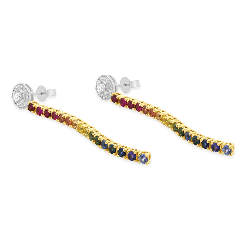 18 Karat White & Yellow Gold Diamond and Rainbow Sapphire Inline Drop Earrings