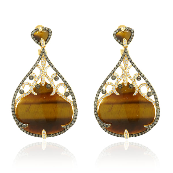 14 Karat Yellow Gold Tigers Eye and Diamond Teardrop Earrings