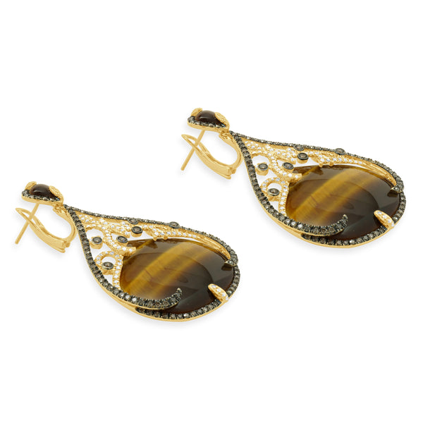 14 Karat Yellow Gold Tigers Eye and Diamond Teardrop Earrings