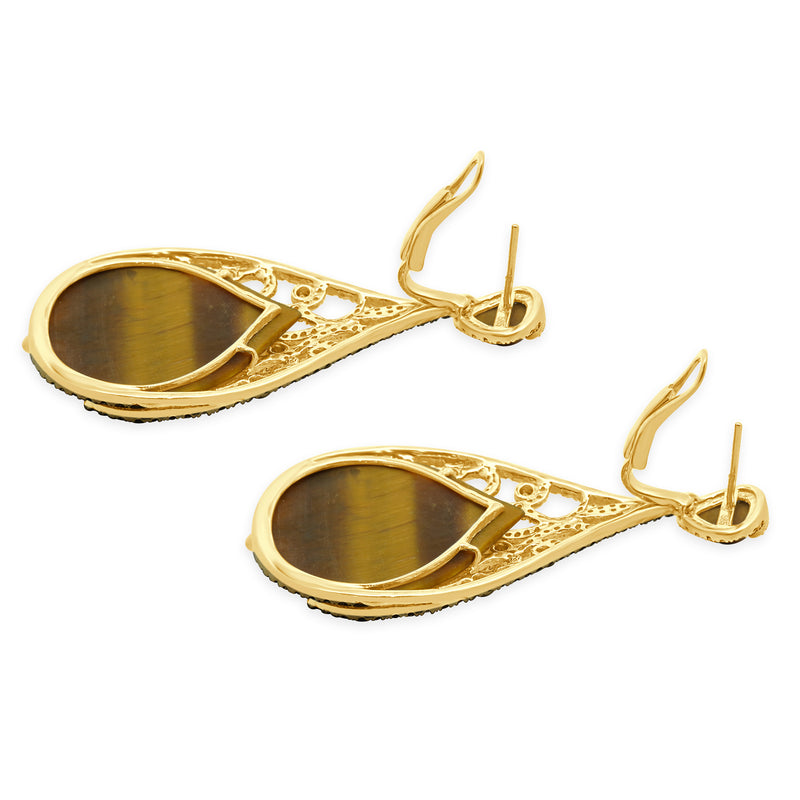 14 Karat Yellow Gold Tigers Eye and Diamond Teardrop Earrings