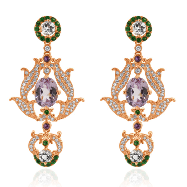 18 Karat Rose Gold Diamond, Kunzite, and Morganite Vintage Floral Style Earrings