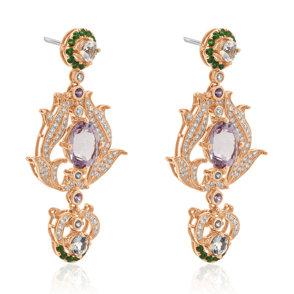 18 Karat Rose Gold Diamond, Kunzite, and Morganite Vintage Floral Style Earrings
