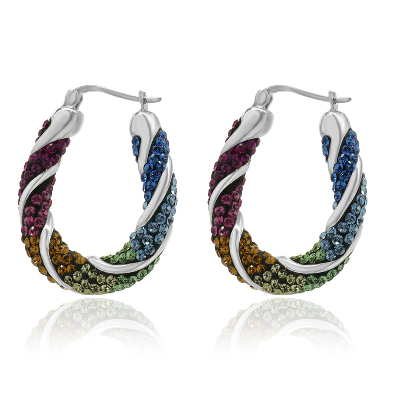 Sterling Silver Pave Multi Colored Rhinestone Hoop Earrings