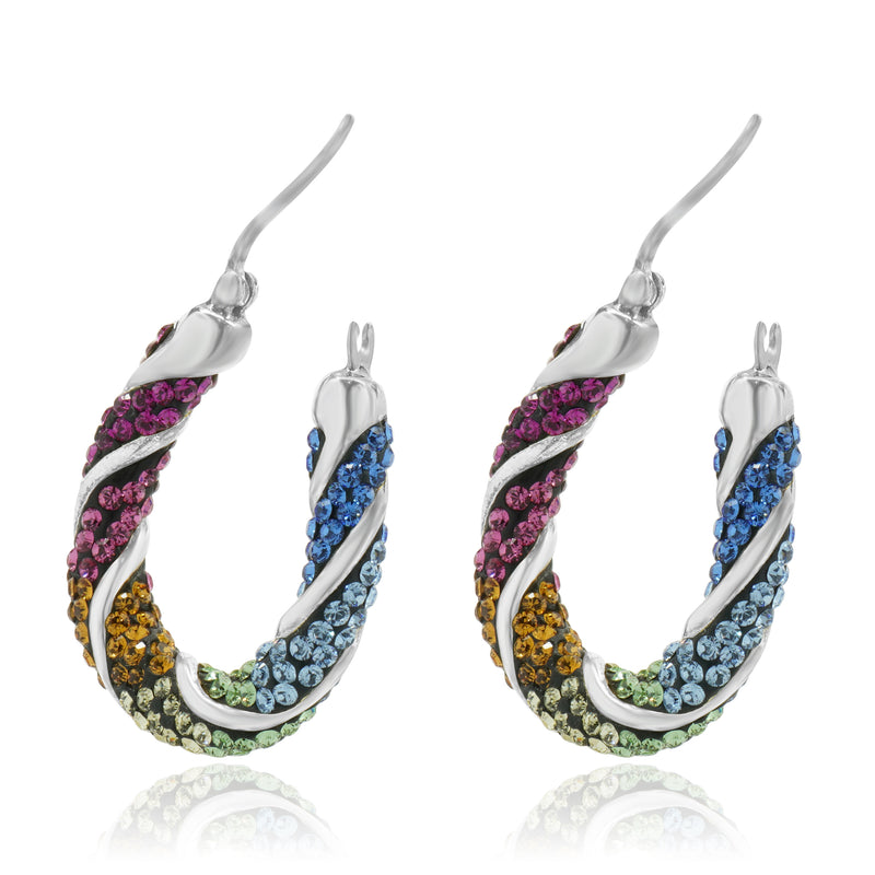 Sterling Silver Pave Multi Colored Rhinestone Hoop Earrings