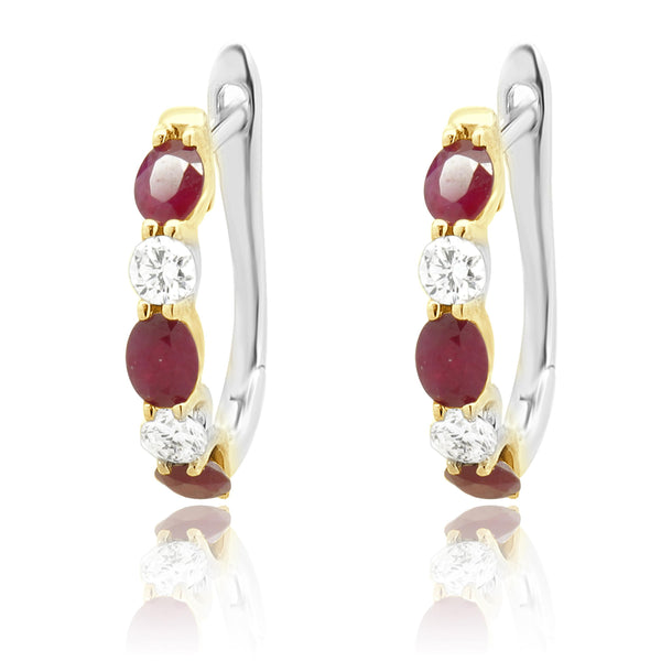 14 Karat Two Tone Ruby and Diamond Alternating Huggie Earrings